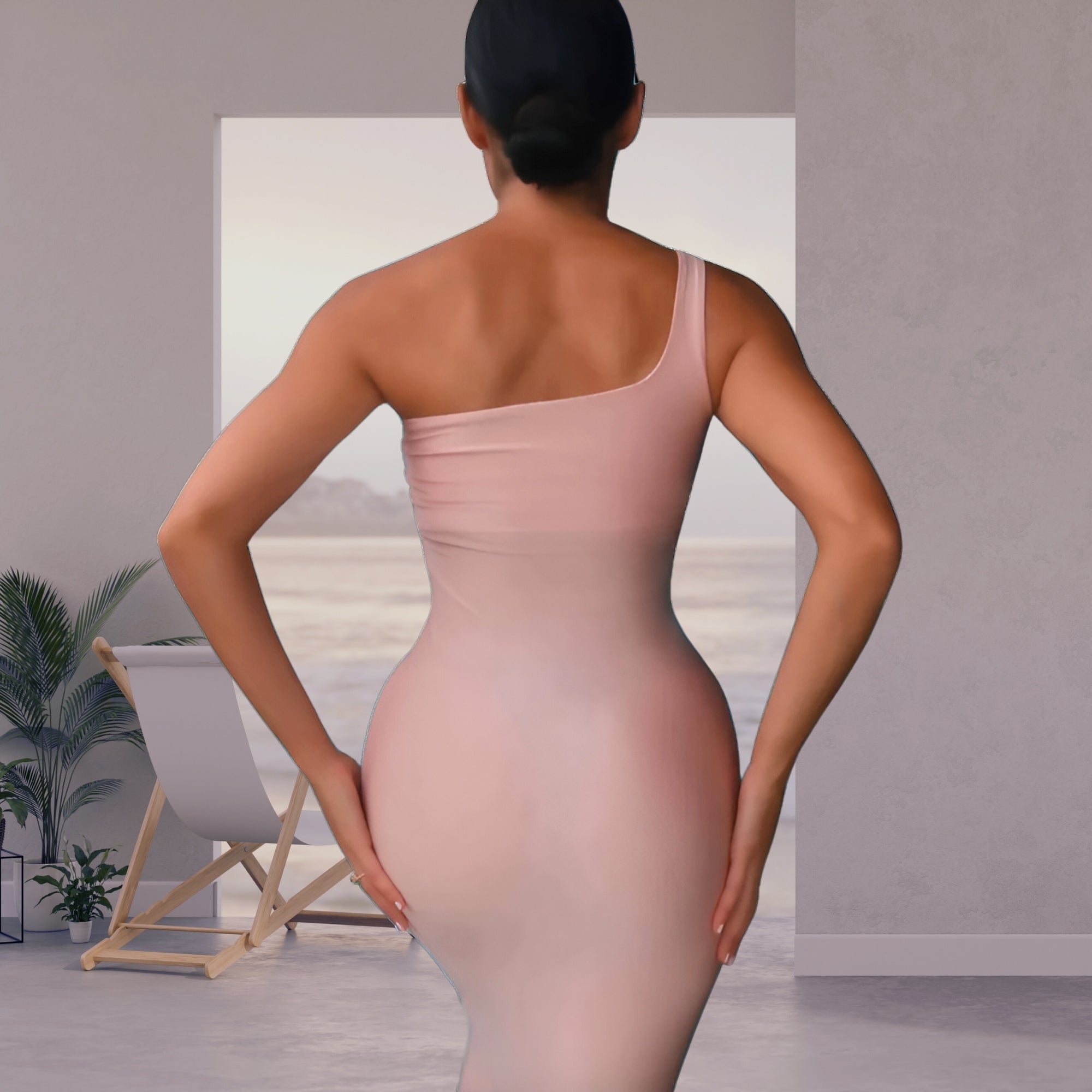 high waist slay the waist thong shapewear is worn under the dress, picture from the back of the model